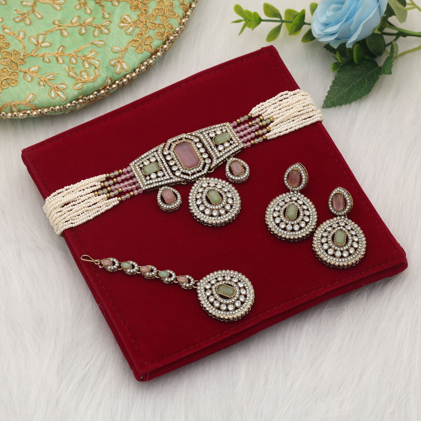 Beautiful Pink & Pista Green Color Choker Kundan Necklace Set Collection