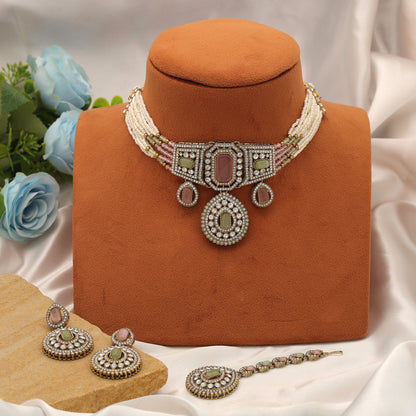 Beautiful Pink & Pista Green Color Choker Kundan Necklace Set Collection