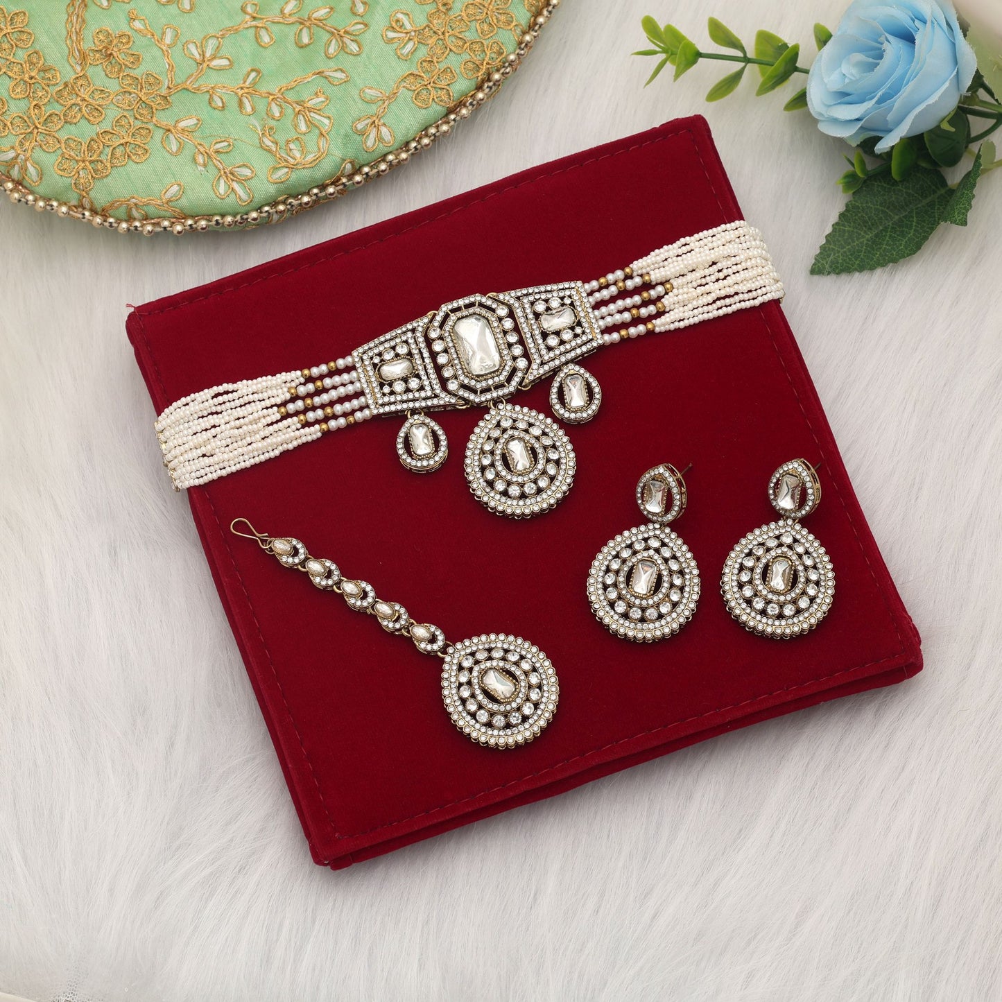 Royal White Color Choker Kundan Necklace Set For Wedding Festive Collection