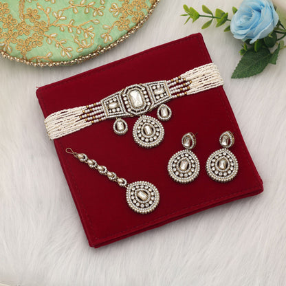 Royal White Color Choker Kundan Necklace Set For Wedding Festive Collection