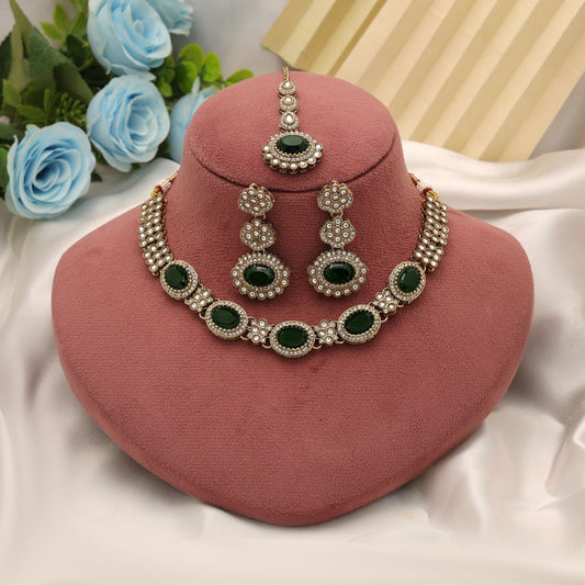 Premium Green Color Kundan Necklace Set With Elegant Traditional Party Design