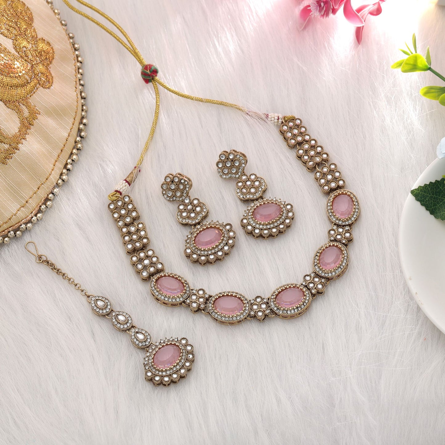 Elegant Light Pink Color Kundan Necklace Set For Festive Party Wear