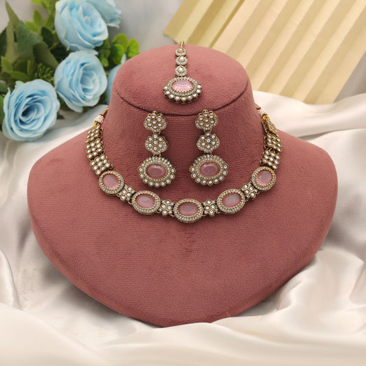 Elegant Light Pink Color Kundan Necklace Set For Festive Party Wear