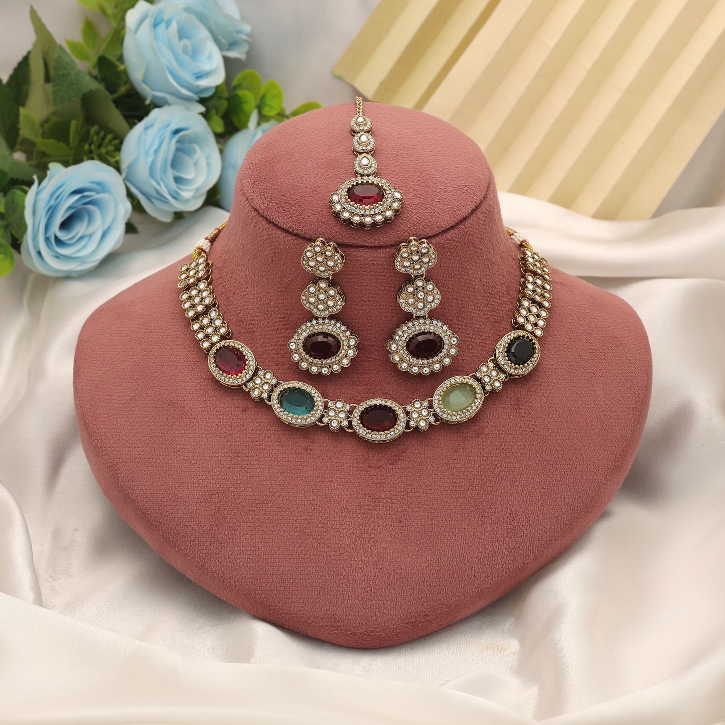 Stylish Multi Color Kundan Necklace Set With Traditional Ethnic Artwork Design