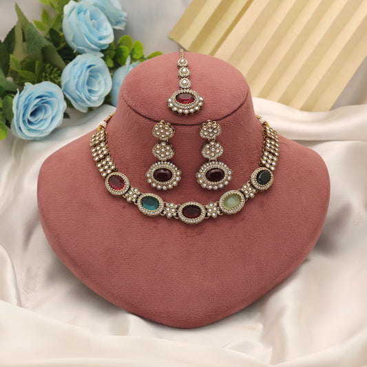 Stylish Multi Color Kundan Necklace Set With Traditional Ethnic Artwork Design