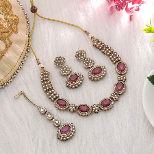 Designer Magenta Color Kundan Necklace Set With Royal Traditional Finish Design