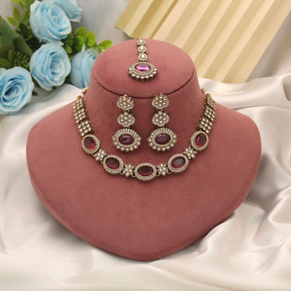 Designer Magenta Color Kundan Necklace Set With Royal Traditional Finish Design