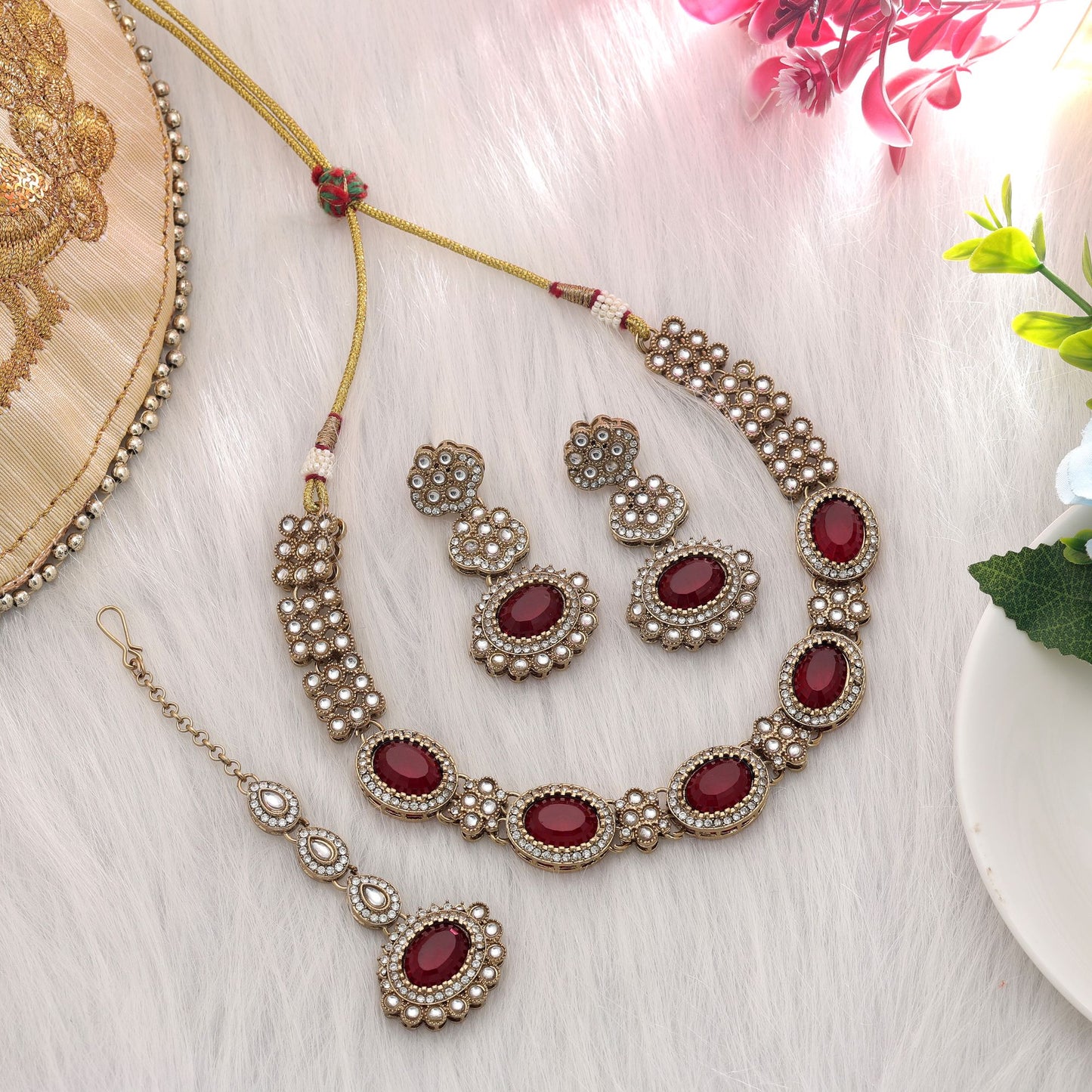 Royal Maroon Color Kundan Necklace Set For Women Bridal Collection Wear