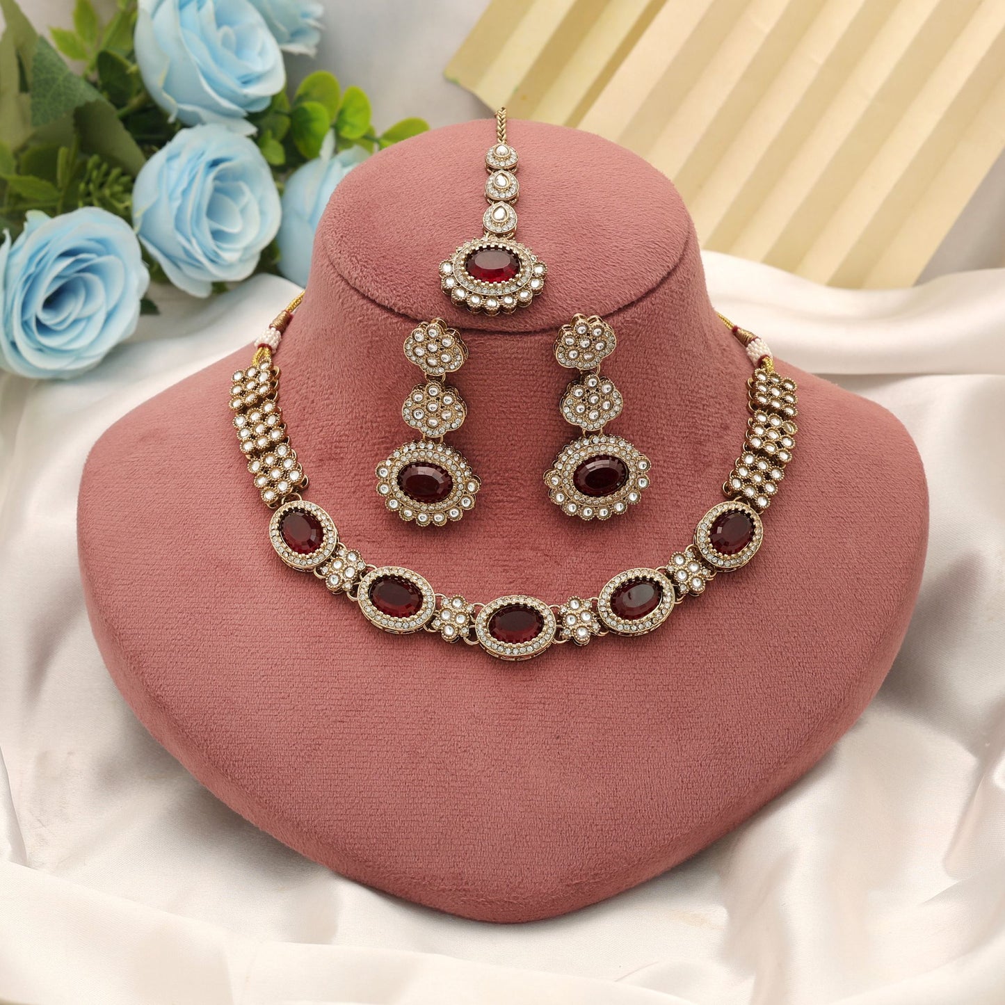 Royal Maroon Color Kundan Necklace Set For Women Bridal Collection Wear