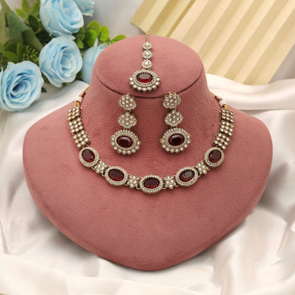 Royal Maroon Color Kundan Necklace Set For Women Bridal Collection Wear
