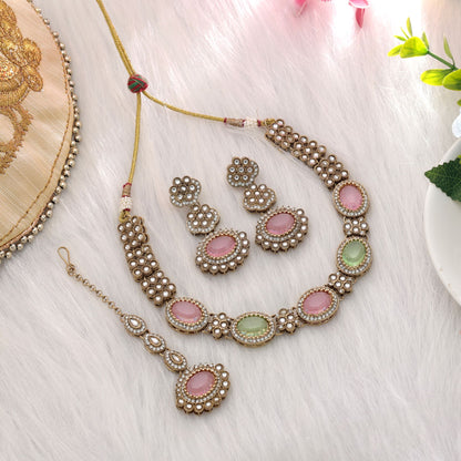 Stylish Pista Green & Pink Color Kundan Necklace Set For Women