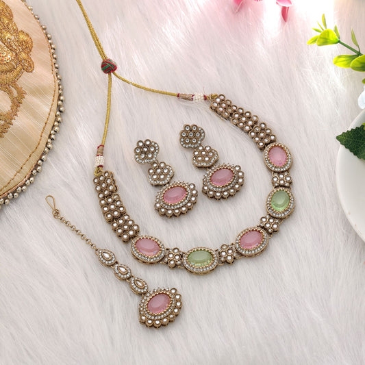 Stylish Pista Green & Pink Color Kundan Necklace Set For Women