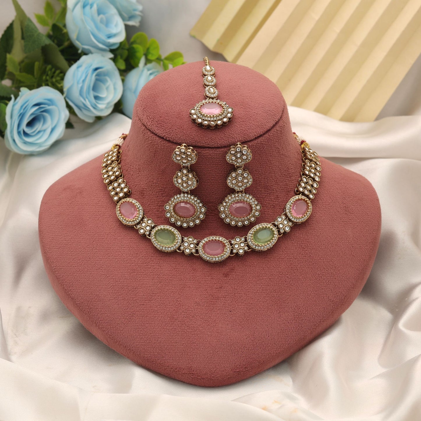 Stylish Pista Green & Pink Color Kundan Necklace Set For Women