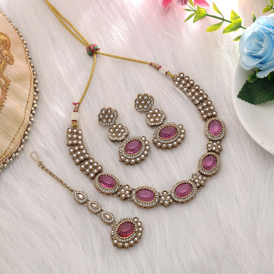 Graceful Rani Color Kundan Necklace Set For Wedding Festive Ethnic Style
