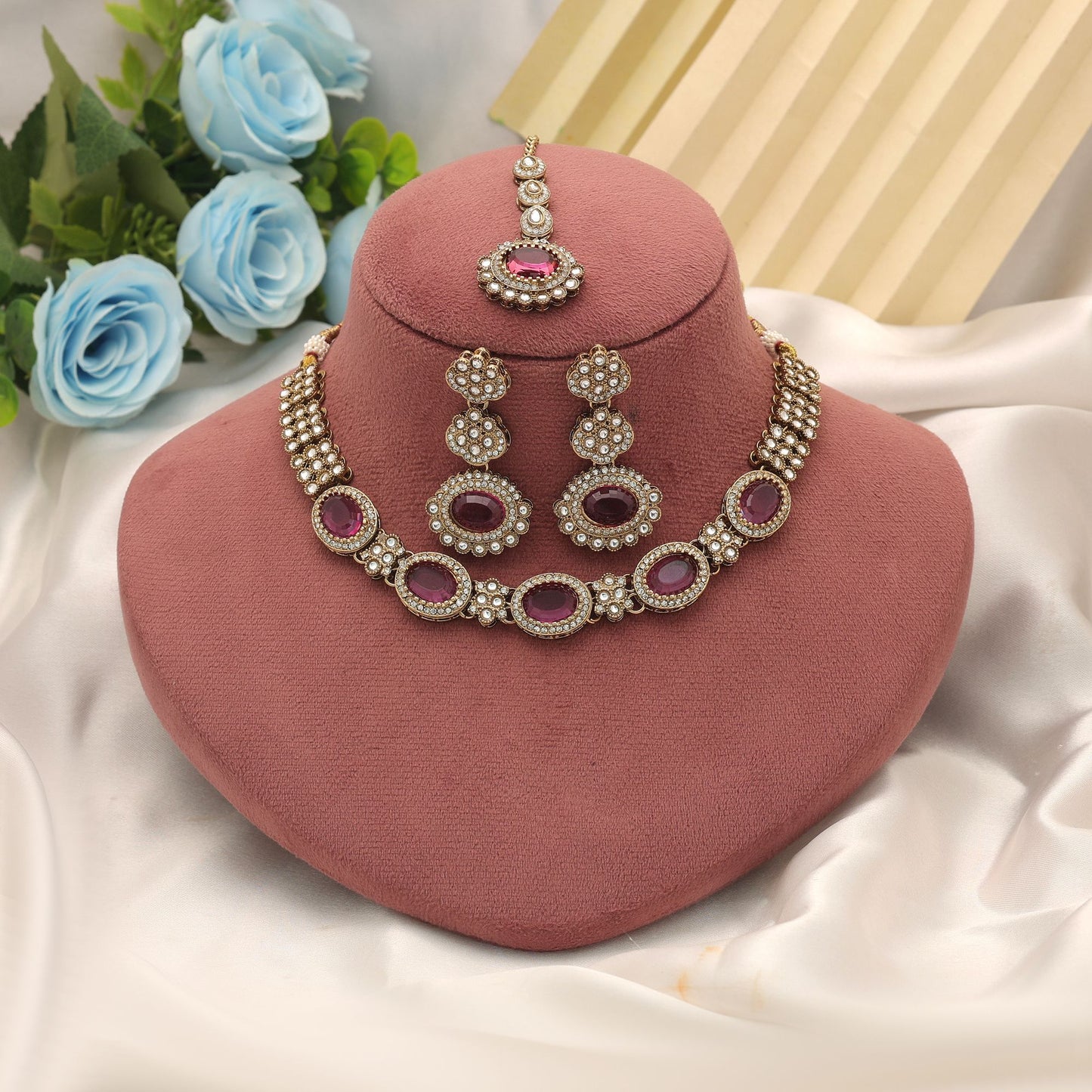 Graceful Rani Color Kundan Necklace Set For Wedding Festive Ethnic Style