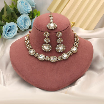 Charming White Color Kundan Necklace Set For Elegant Bridal Party Wear