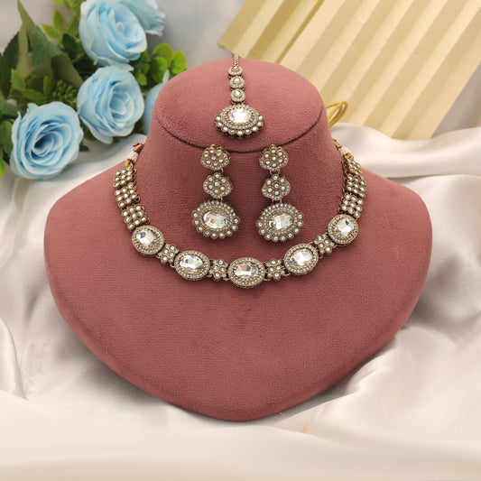 Charming White Color Kundan Necklace Set For Elegant Bridal Party Wear