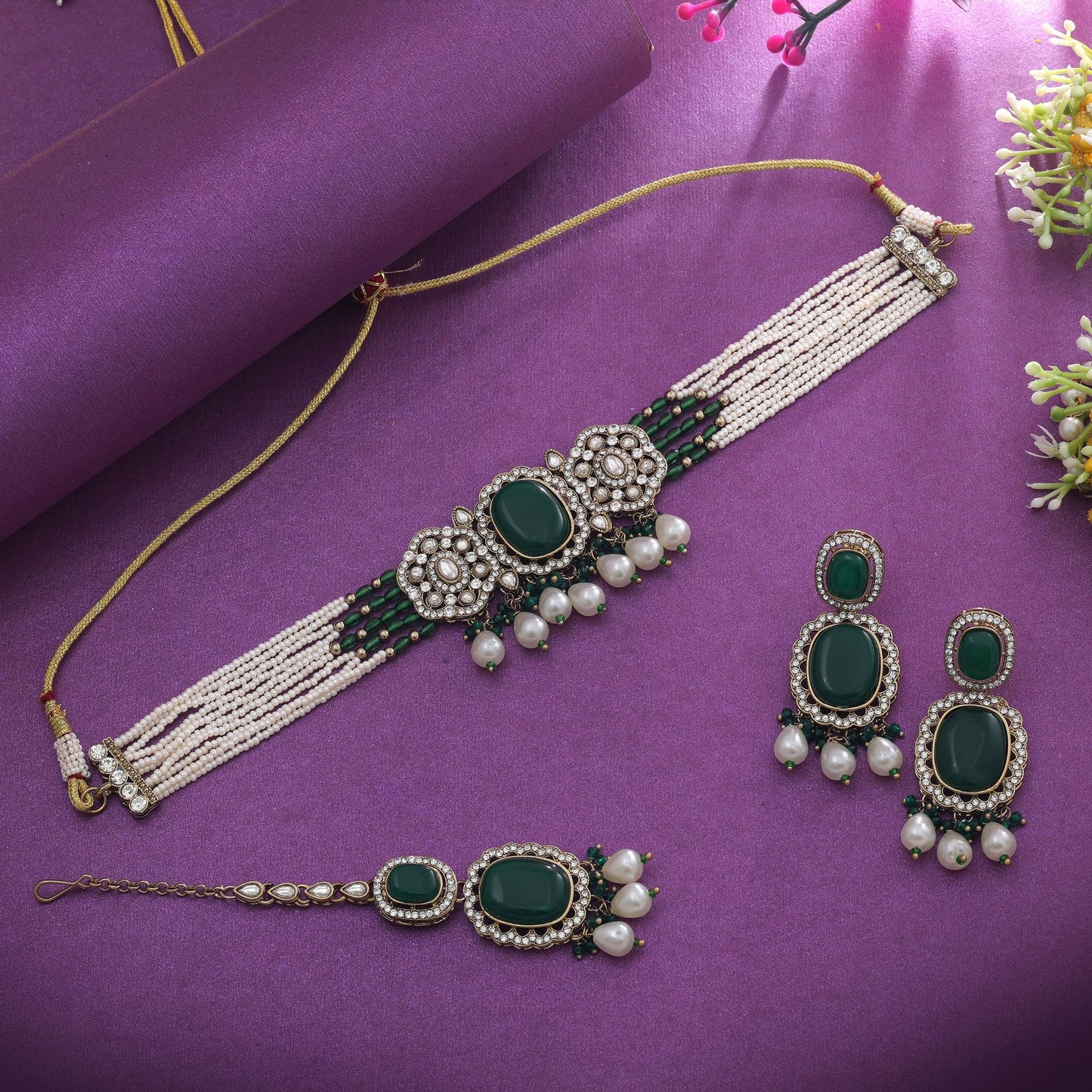 Designer Green Color Choker Kundan Necklace Set For Women Party Wear
