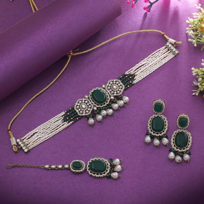 Designer Green Color Choker Kundan Necklace Set For Women Party Wear