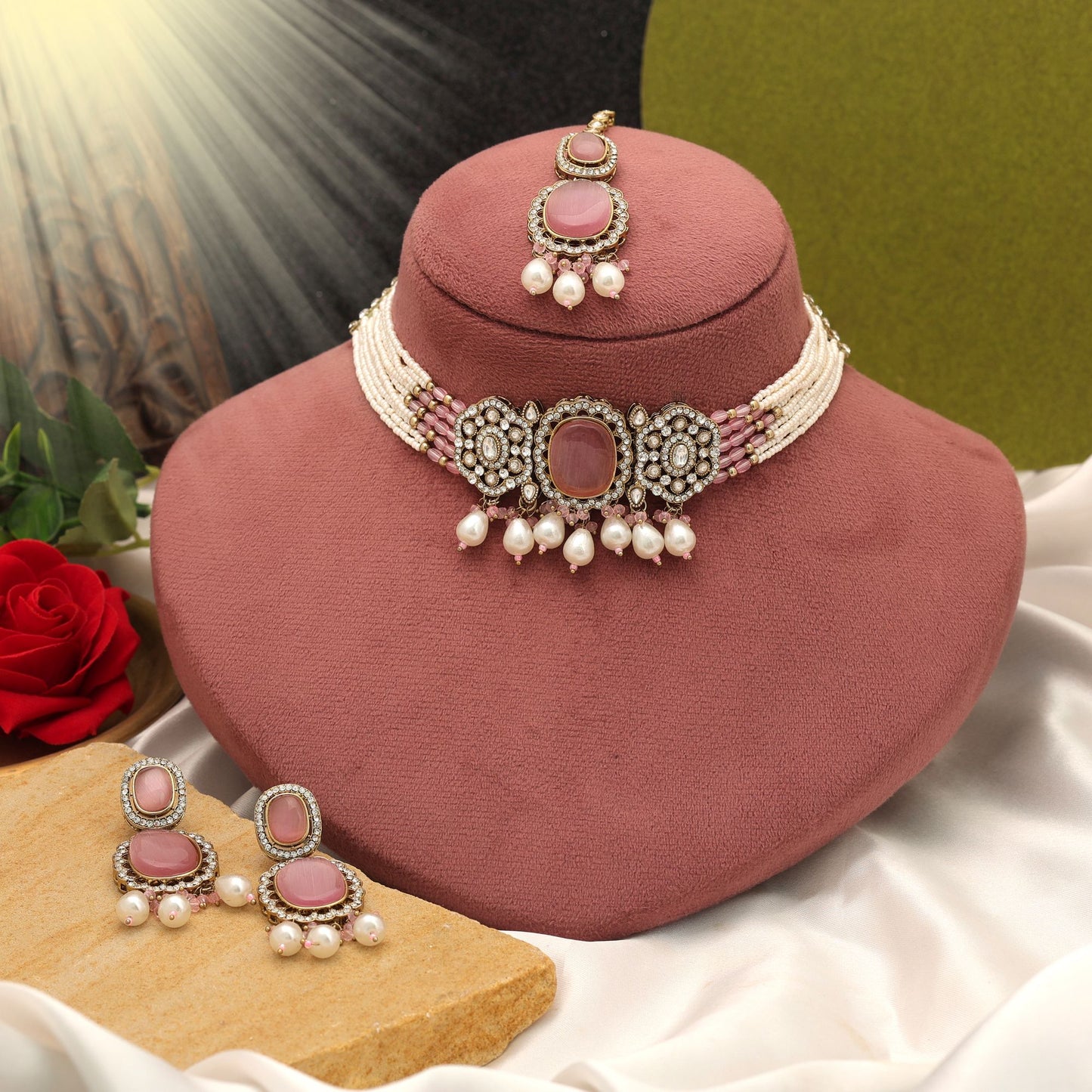 Elegant Light Pink Color Choker Kundan Necklace Set For Ethnic Collection