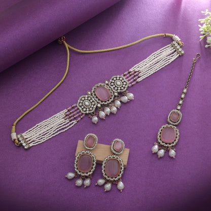 Elegant Light Pink Color Choker Kundan Necklace Set For Ethnic Collection
