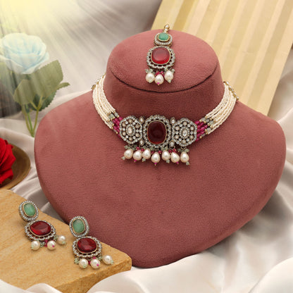 Stylish Multi Color Choker Kundan Necklace Set With Royal Traditional Finish