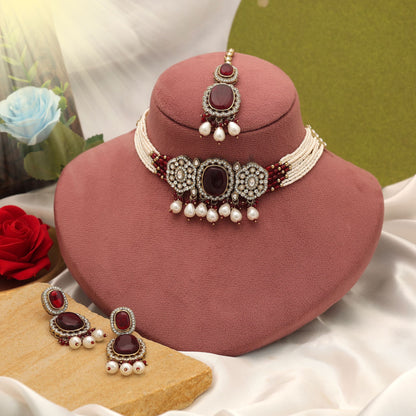 Elegant Maroon Color Choker Kundan Necklace Set For Traditional Wedding Wear