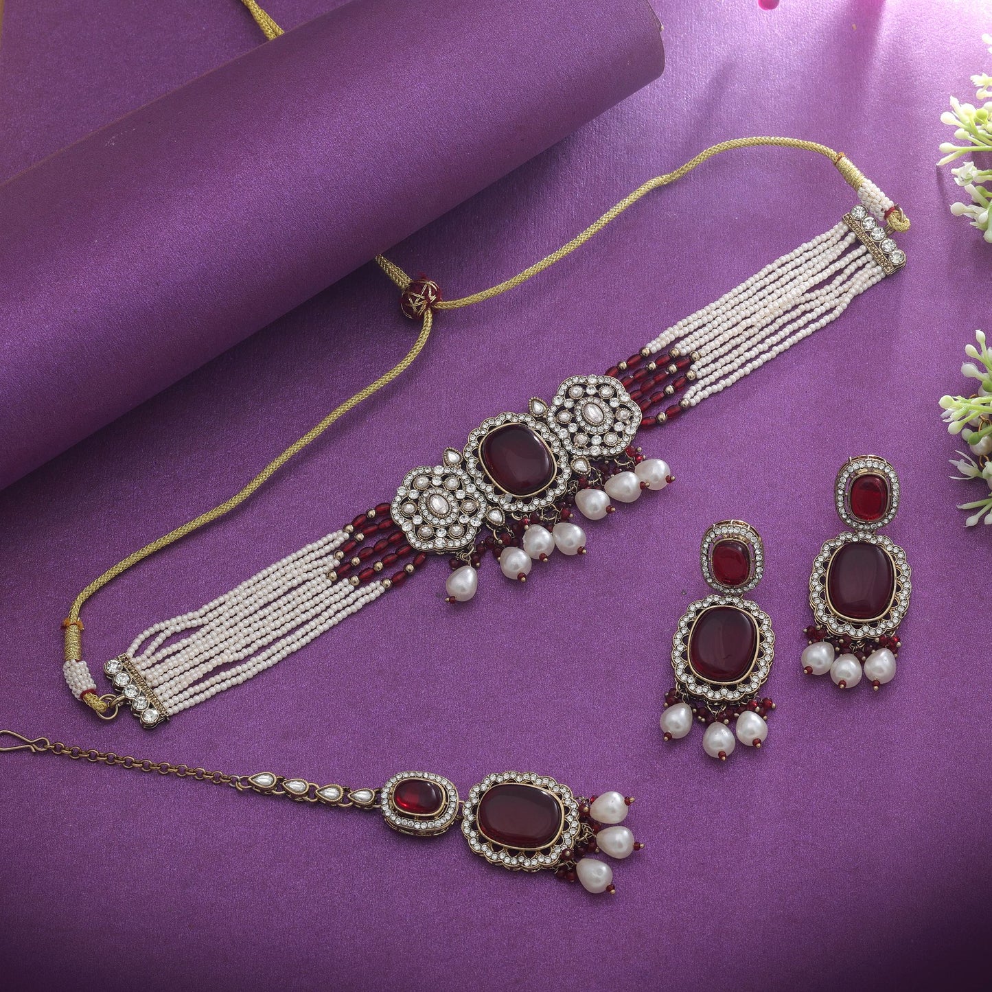 Elegant Maroon Color Choker Kundan Necklace Set For Traditional Wedding Wear