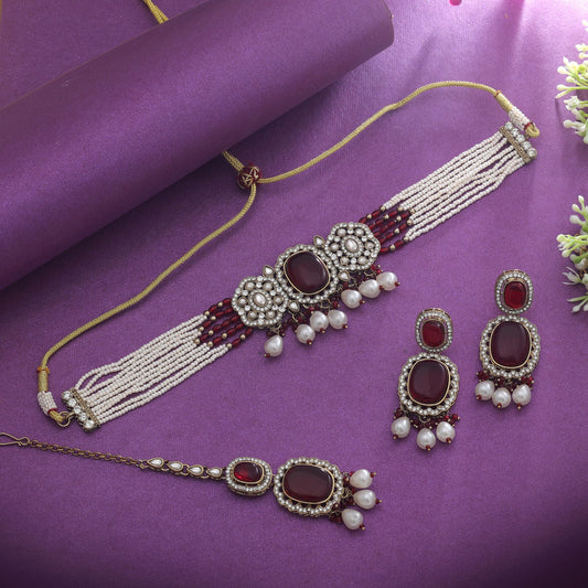 Elegant Maroon Color Choker Kundan Necklace Set For Traditional Wedding Wear