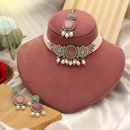 Graceful Pista Green & Pink Color Choker Kundan Necklace Set Design