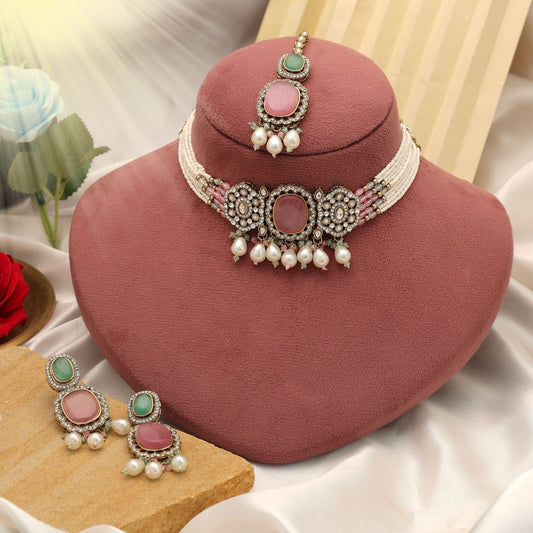 Graceful Pista Green & Pink Color Choker Kundan Necklace Set Design