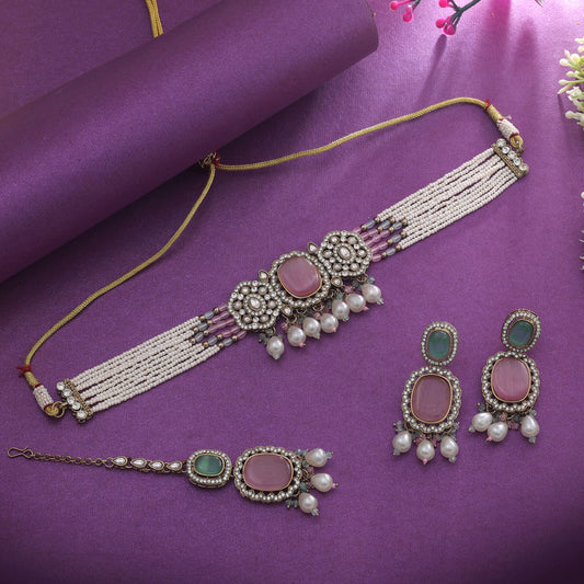 Graceful Pista Green & Pink Color Choker Kundan Necklace Set Design