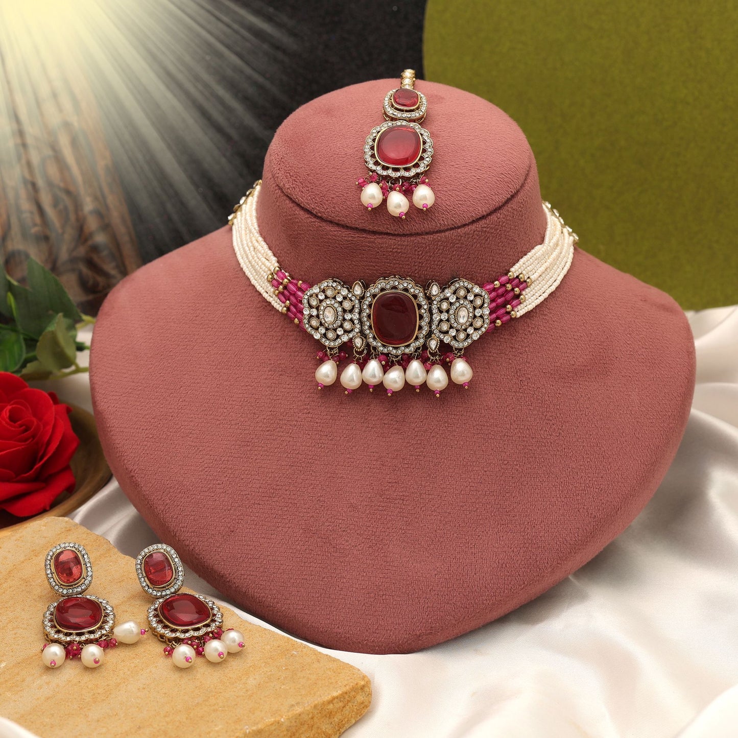 Beautiful Rani Color Choker Kundan Necklace Set With Traditional Bridal Look