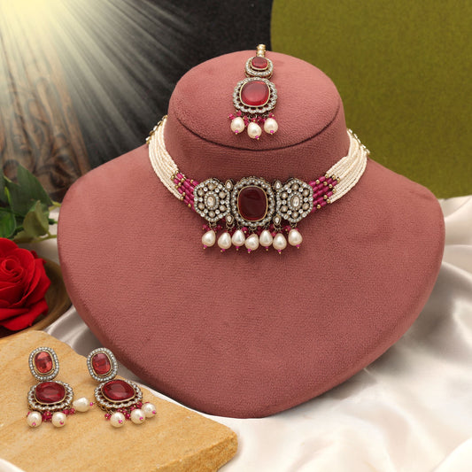 Beautiful Rani Color Choker Kundan Necklace Set With Traditional Bridal Look