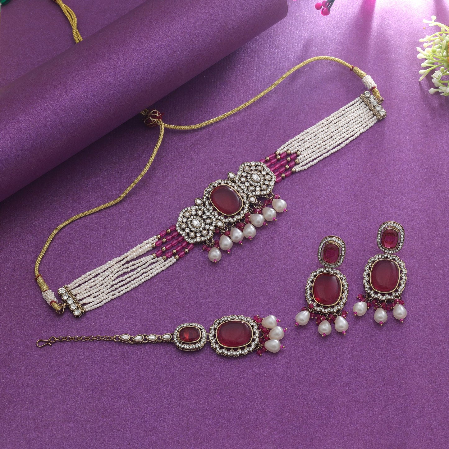 Beautiful Rani Color Choker Kundan Necklace Set With Traditional Bridal Look