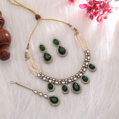 Premium Green Color Kundan Necklace Set With Royal Bridal Touch Design