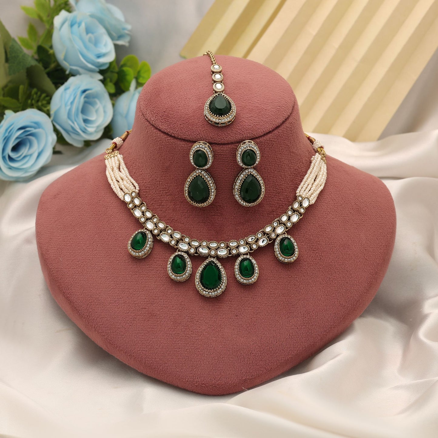 Premium Green Color Kundan Necklace Set With Royal Bridal Touch Design