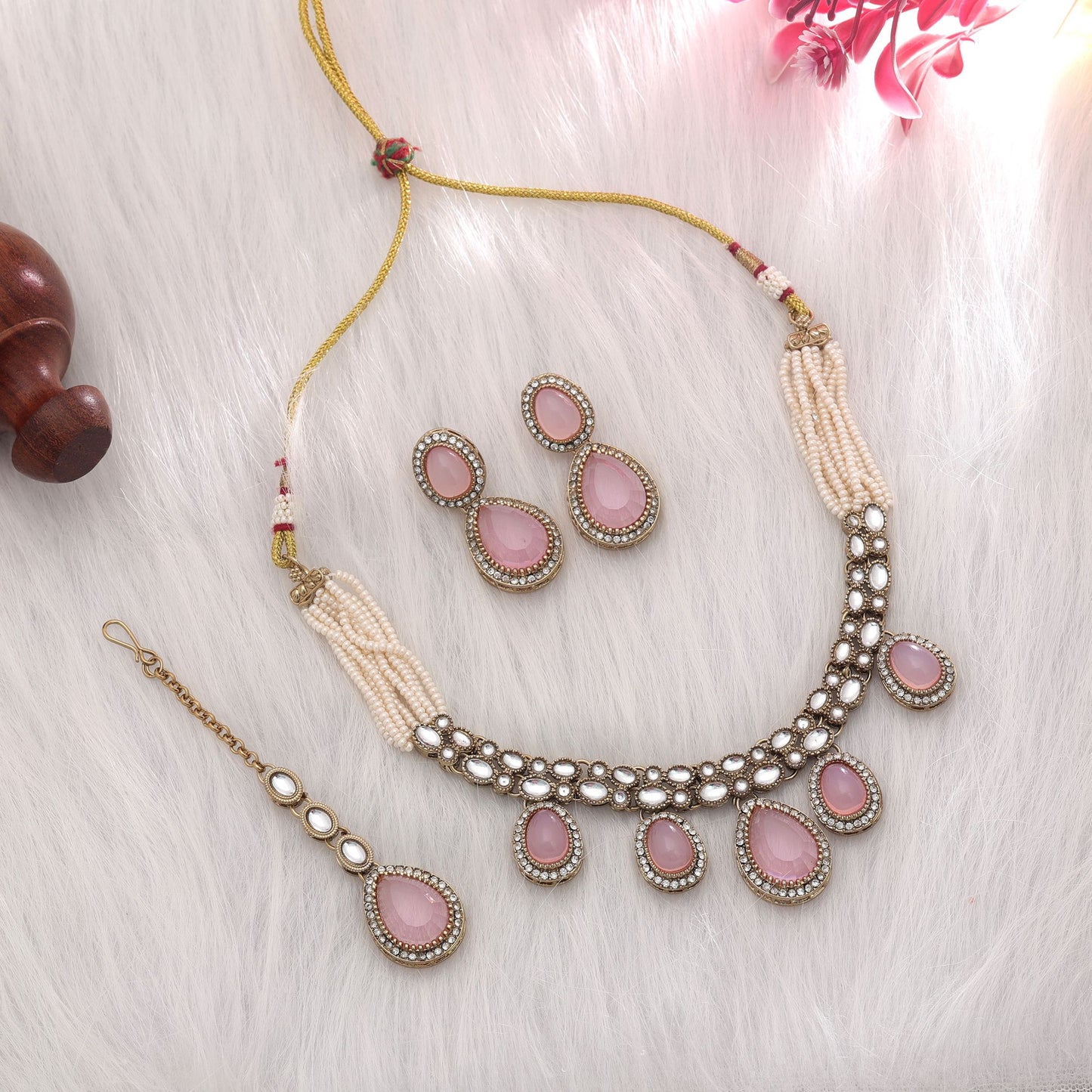 Stylish Light Pink Color Kundan Necklace Set With Traditional Ethnic Artwork