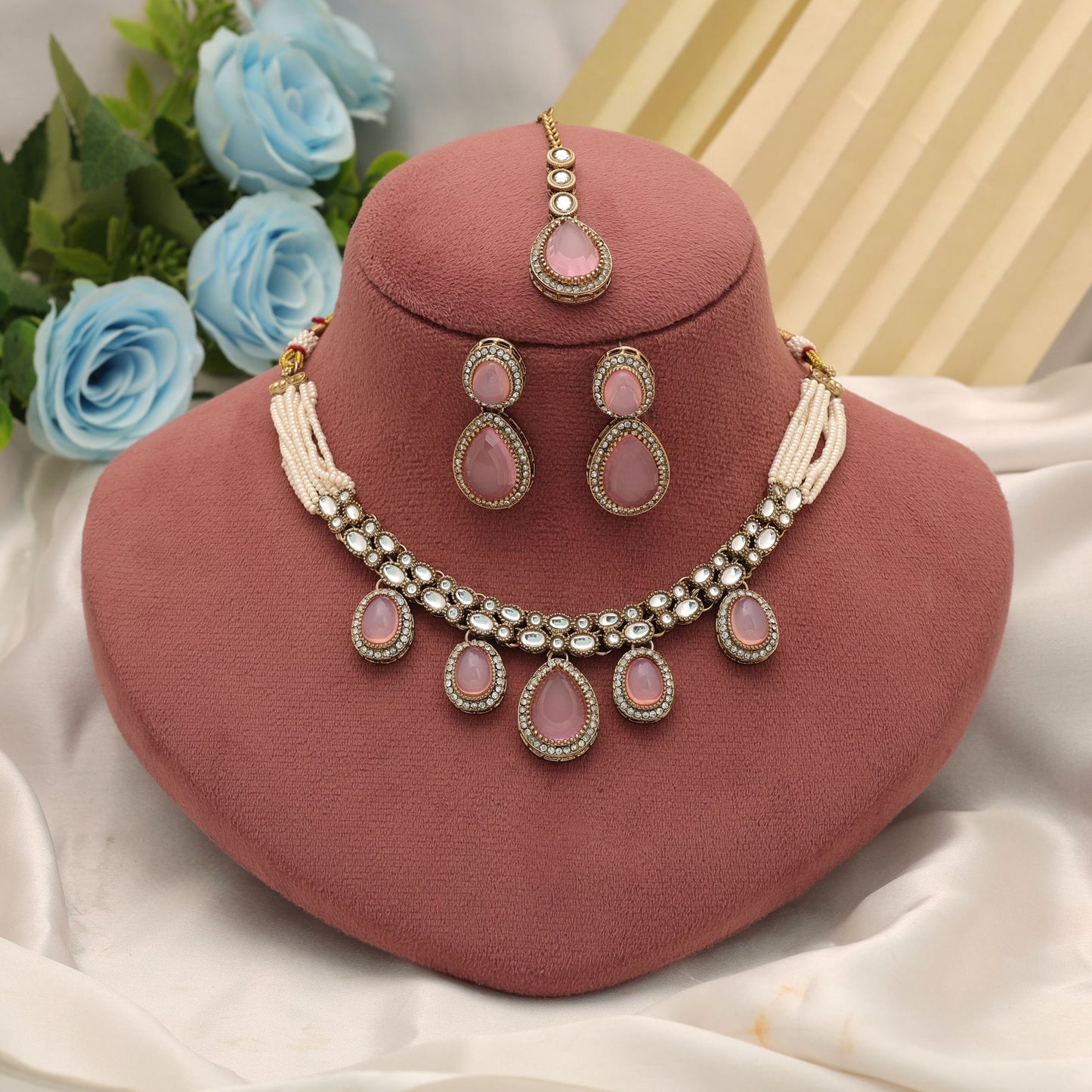 Stylish Light Pink Color Kundan Necklace Set With Traditional Ethnic Artwork