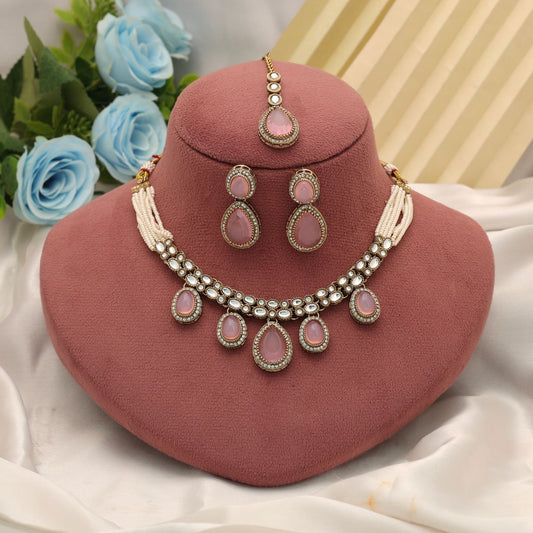 Stylish Light Pink Color Kundan Necklace Set With Traditional Ethnic Artwork