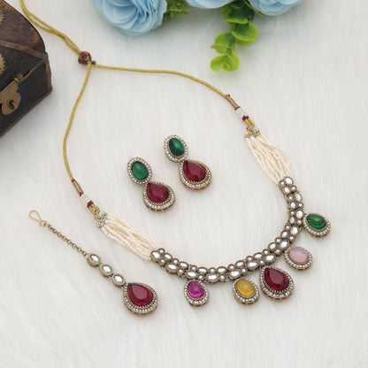 Charming Multi Color Kundan Necklace Set For Festive Traditional Party Wear