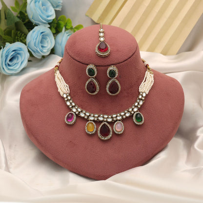 Charming Multi Color Kundan Necklace Set For Festive Traditional Party Wear