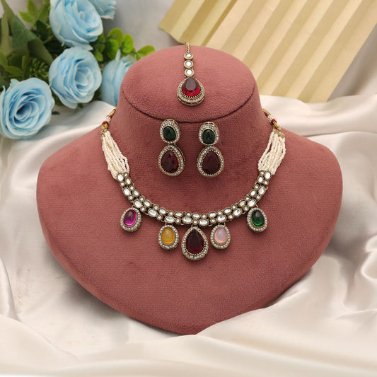 Charming Multi Color Kundan Necklace Set For Festive Traditional Party Wear