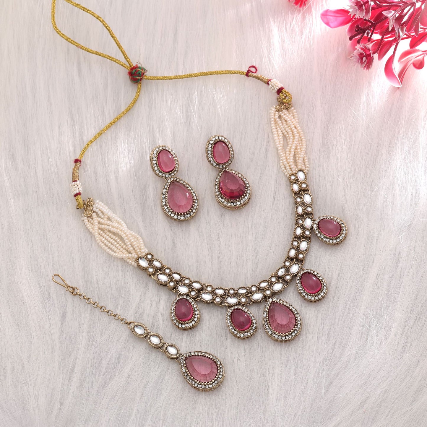 Elegant Magenta Color Kundan Necklace Set For Women Festive Party Collection