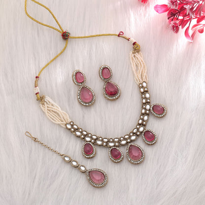 Elegant Magenta Color Kundan Necklace Set For Women Festive Party Collection