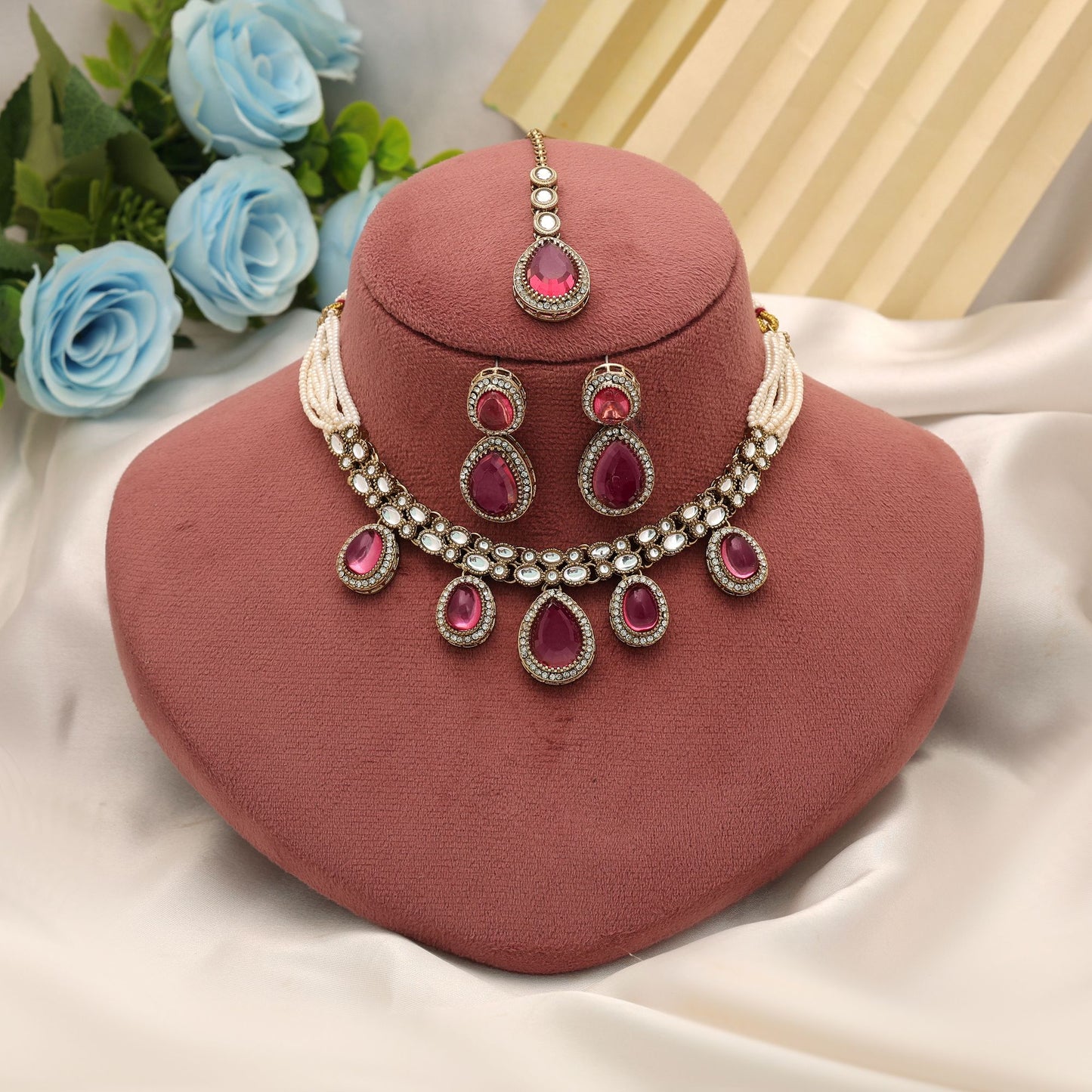 Elegant Magenta Color Kundan Necklace Set For Women Festive Party Collection