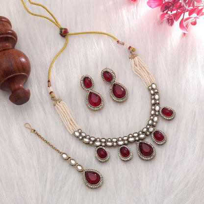 Royal Maroon Color Kundan Necklace Set For Wedding Party Wear Collection