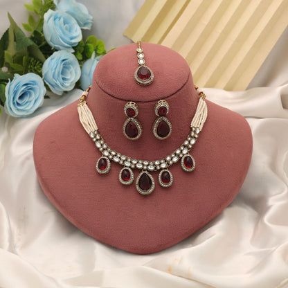 Royal Maroon Color Kundan Necklace Set For Wedding Party Wear Collection