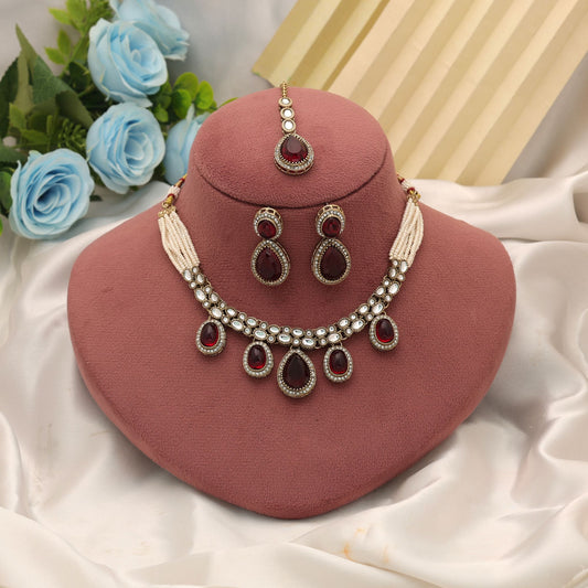 Royal Maroon Color Kundan Necklace Set For Wedding Party Wear Collection