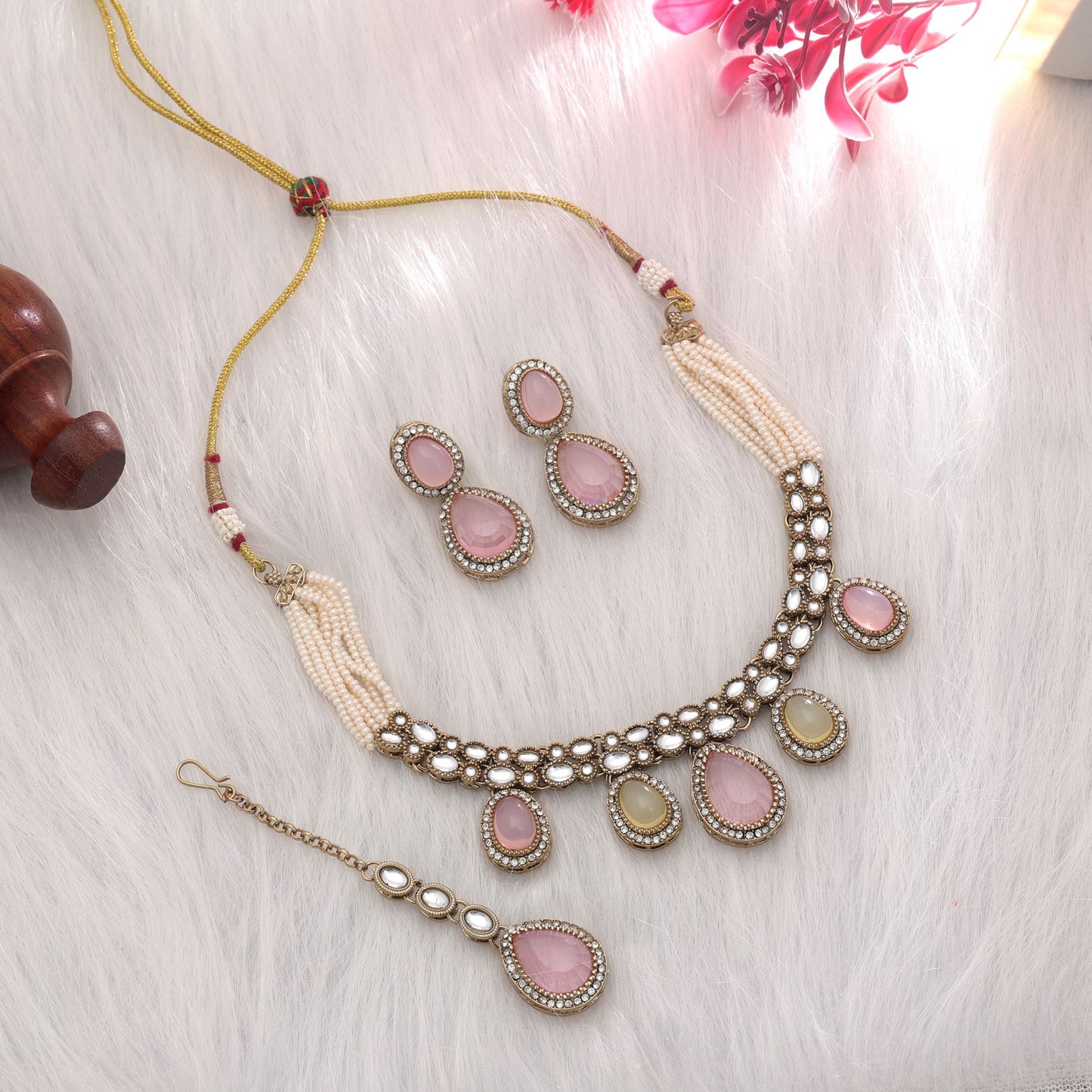 Premium Pista Green & Pink Color Kundan Necklace Set Bridal Collection